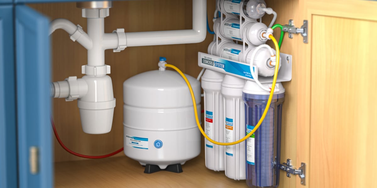 Reverse osmosis water purification system under sink in a kitcha